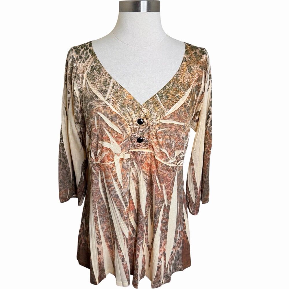 Apt 9 Y2K Paisley V-Neck 3/4 Sleeve Top Multicolor Boho Retro Women's XL